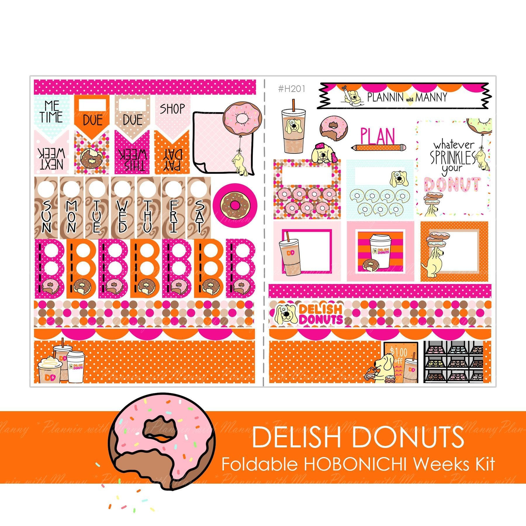 H201, DELISH DONUTS Hobonichi Stickers,Hobonichi Weeks Stickers, Hobonichi Weeks Coffee Stickers, Weeks Donut Stickers, Donuts