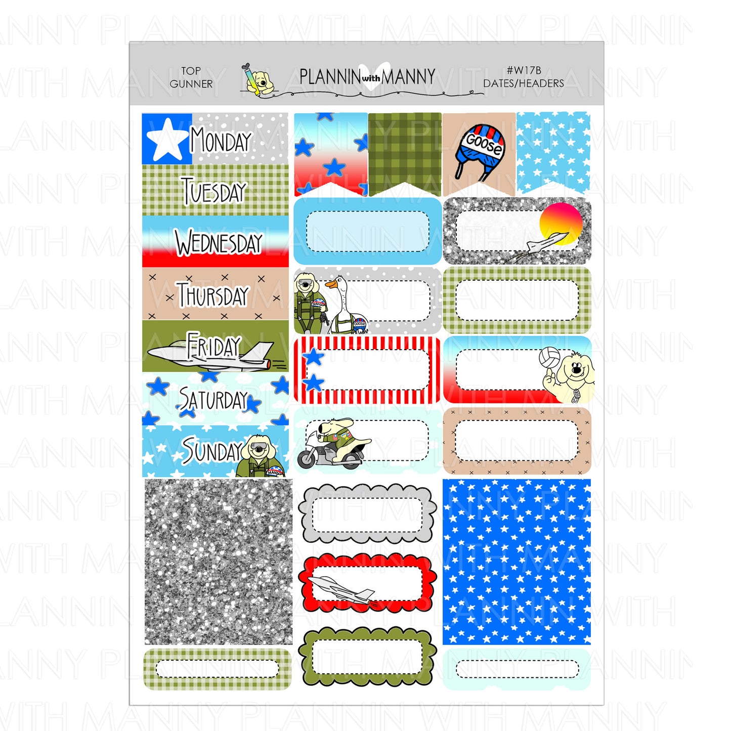 W17AH, HORIZONTAL Weekly Planner Stickers - Top Gunner Collection